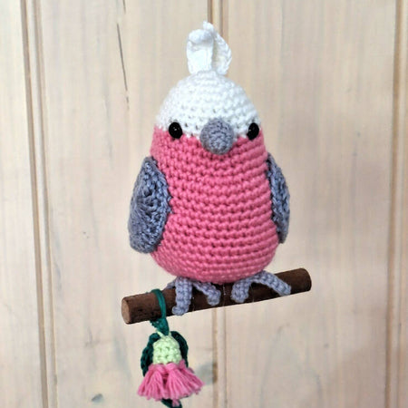 Hand crocheted pink galah room decoration or toy