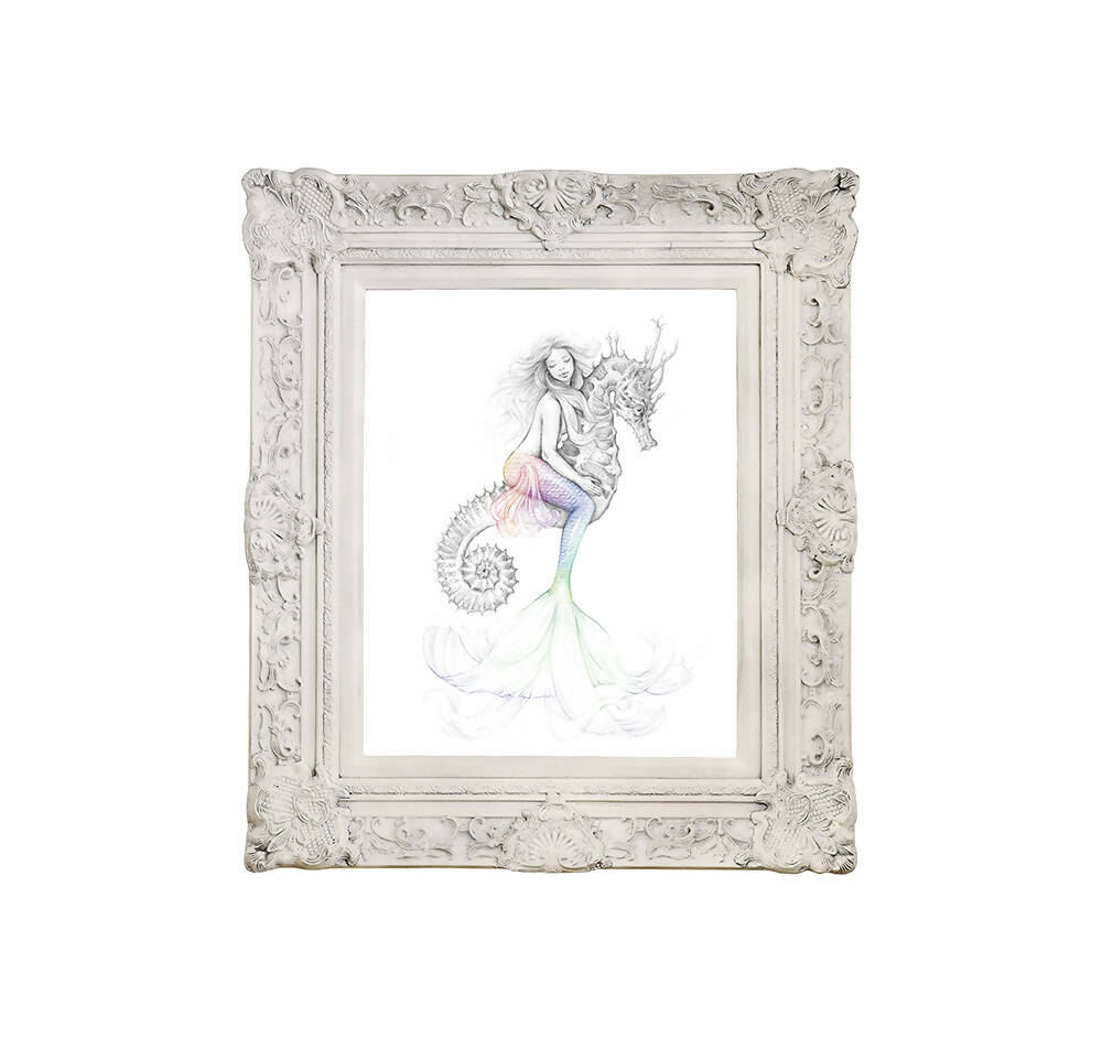 8x10 inch PRINT Mermaid Riding Seahorse Art Unframed Colour Splash Rainbow Tail
