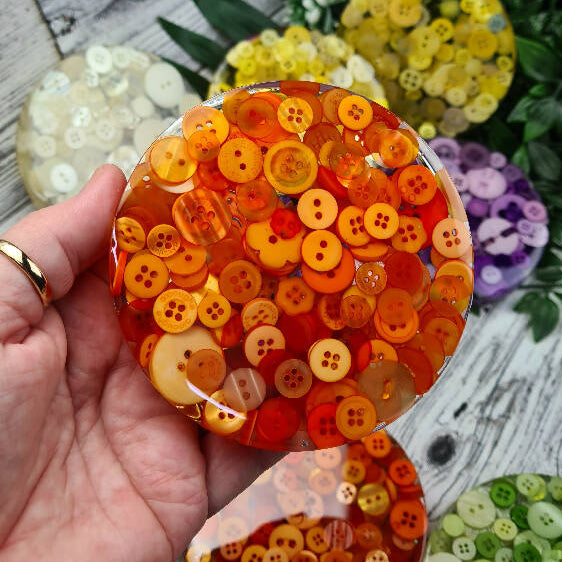 Coaster - ORANGE - Buttons & Resin Mix - Drink Mug Glass - Paperweight - SINGLE