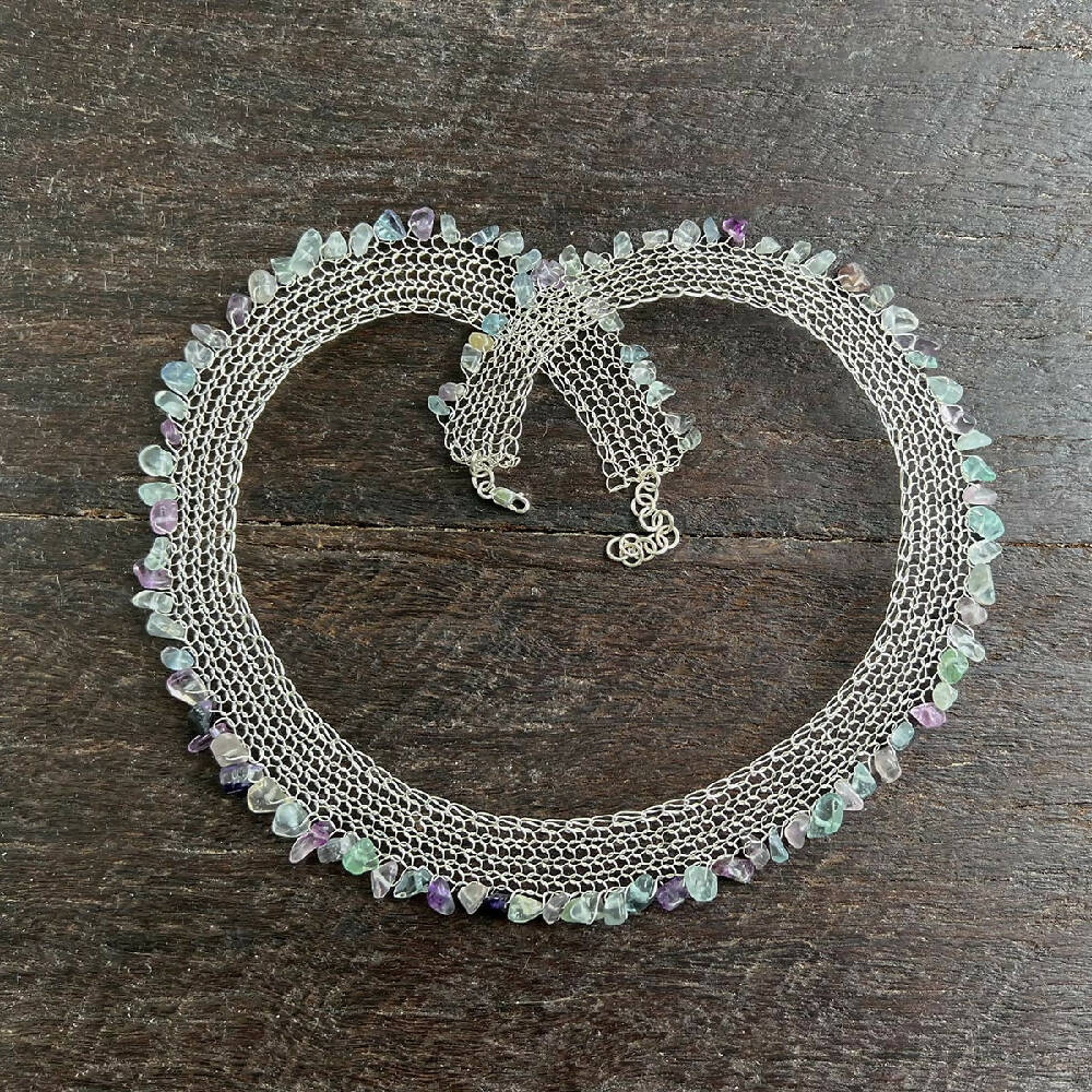 Knitted sterling silver & fluorite necklace overview