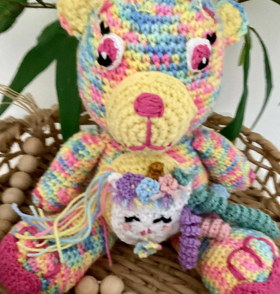Handmade Crotchet Teddy Bear, Rainbow Teddy Bear
