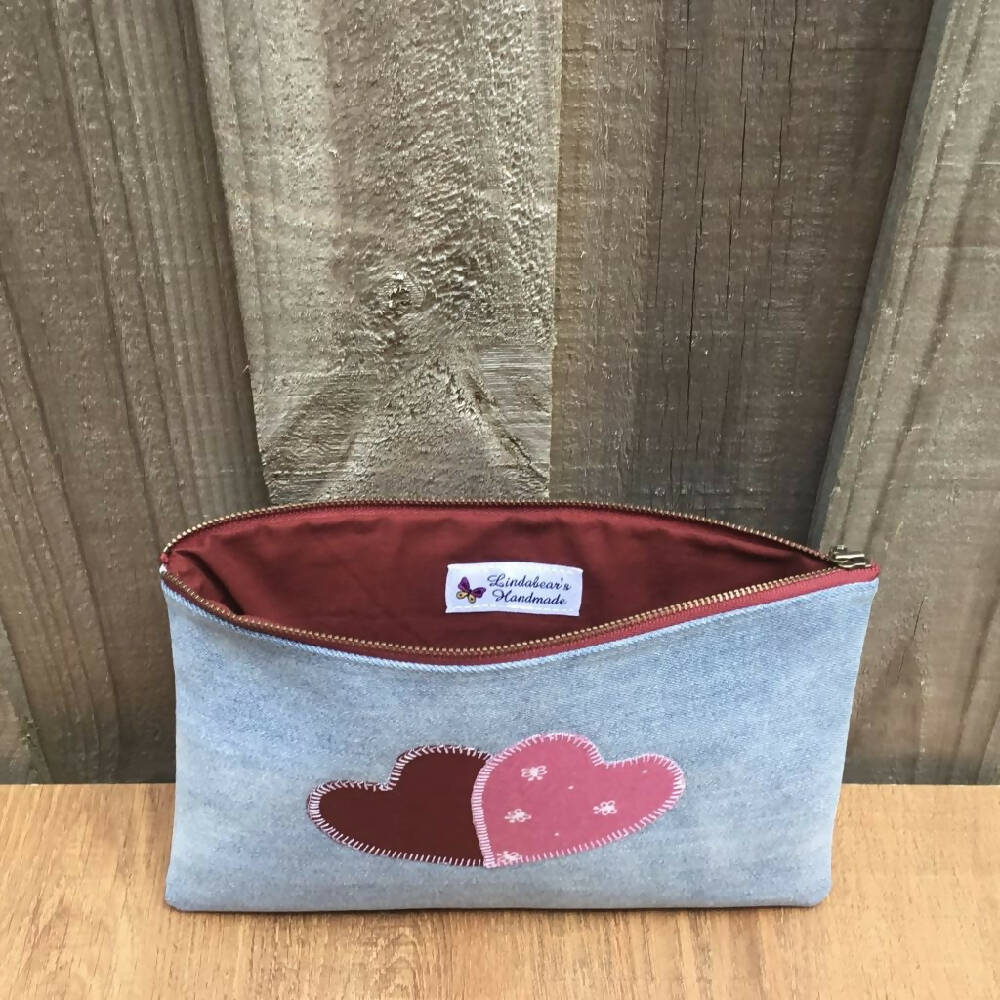 Upcycled Denim Pencil Case - Two Hearts
