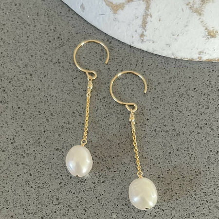 14K Gold filled freshwater pearl long chain earrings