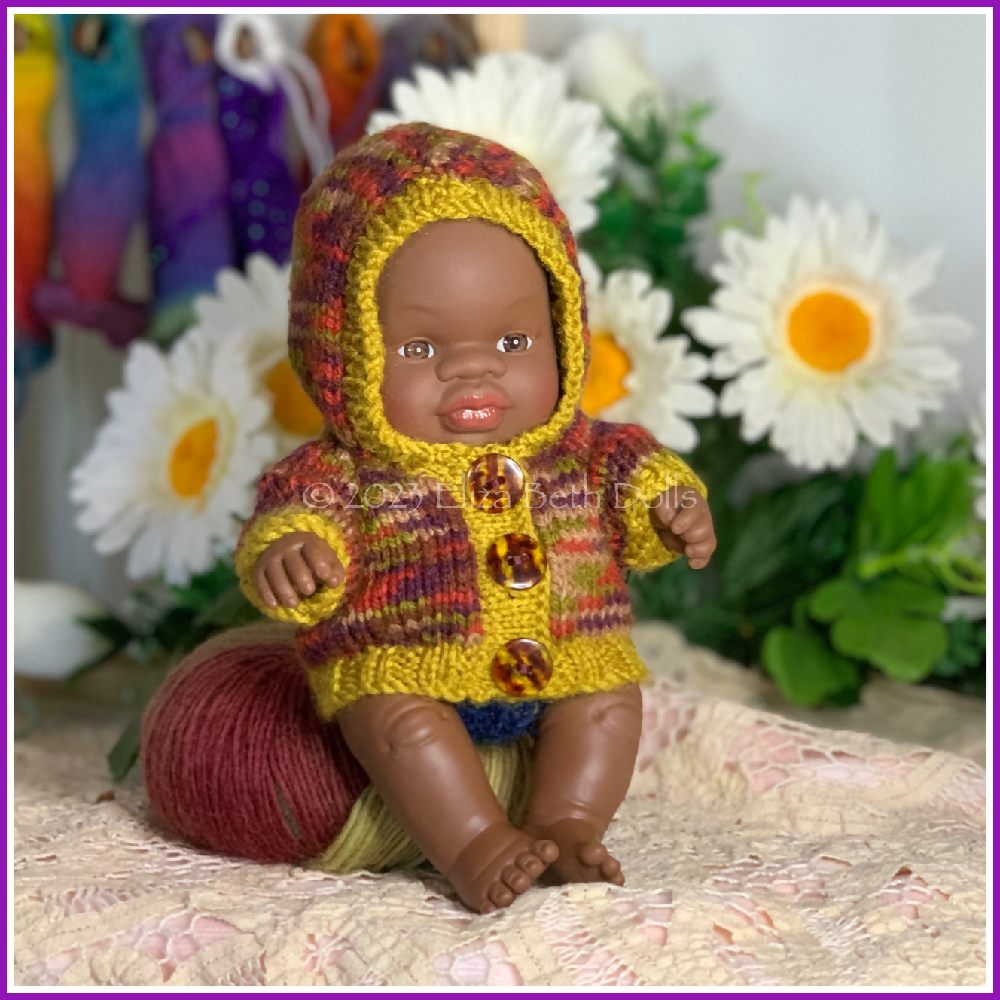 Miniland 21cm clothes, PDF digital pattern, Hoodie, Jacket, Hooded Coat, Boy, Girl, Unisex, Easy quick knit, Straight needles, Flat knit, Baby doll clothes, Cute outfit, Doll accessories, Minikane, 8inch, Clear instructions, Photos, 8ply DK yarn, Beginner friendly, Basic knitting, Simple pattern, 5, Eliza Beth Dolls, ElizaBethDolls, Australia