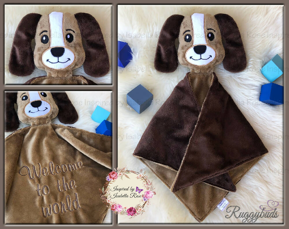 Baby comforter, Embroidered name, Puppy themed Ruggybud, Made to order