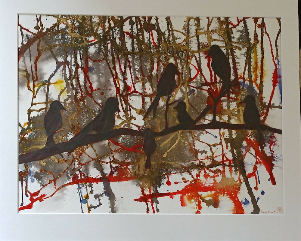Bird Frenzy - Abstract Ink Background with textured paper cut birds on branch