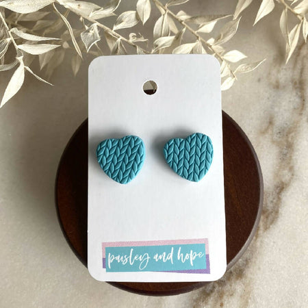 Polymer Clay Knit Pattern Statement Heart Studs - Choose Colour