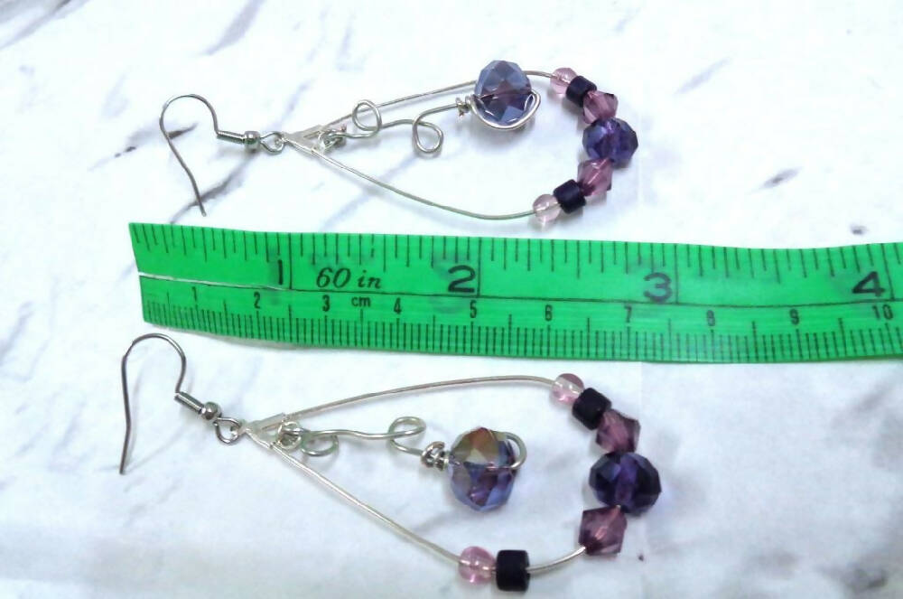 Silver Hoop Earrings - Purple Beads - Ladies