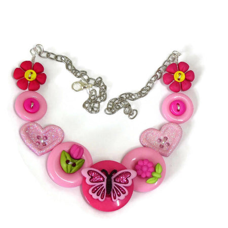 Girls button necklace - Pink Butterfly