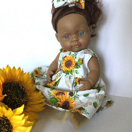 Sunflower dolls dress, knickers, bow set34-38 cm doll Minikane Miniland white