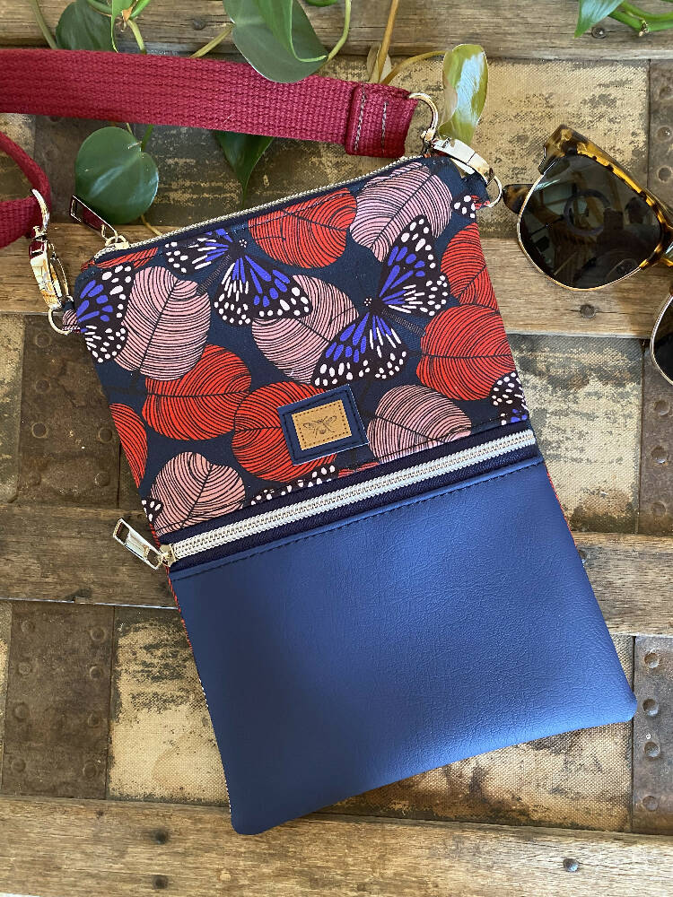 Mini Crossbody Bag - Red Butterflies/Navy Faux Leather