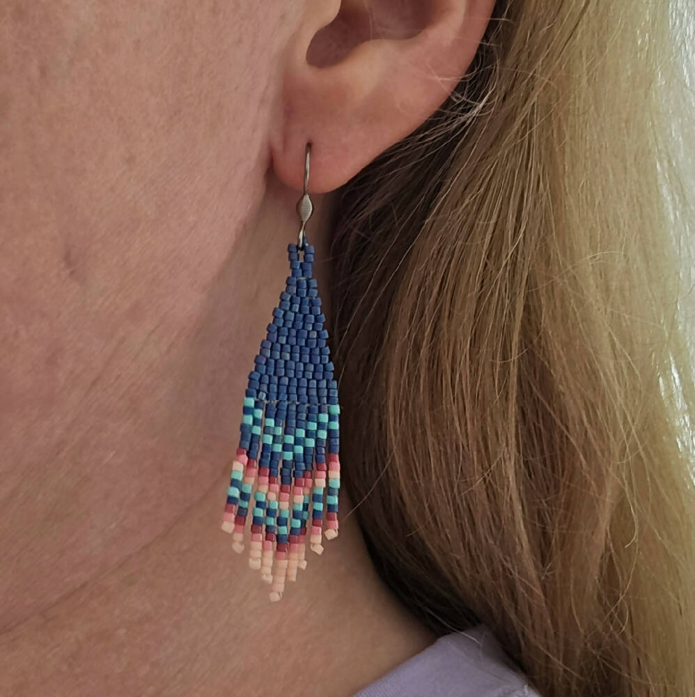 Beaded Earrings Blue Pink Fringe Dangle
