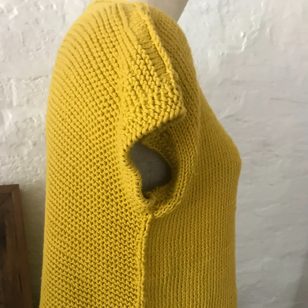 Cotton Handknit Chartreuse top. Mustard cotton knit pullover. Summer top.