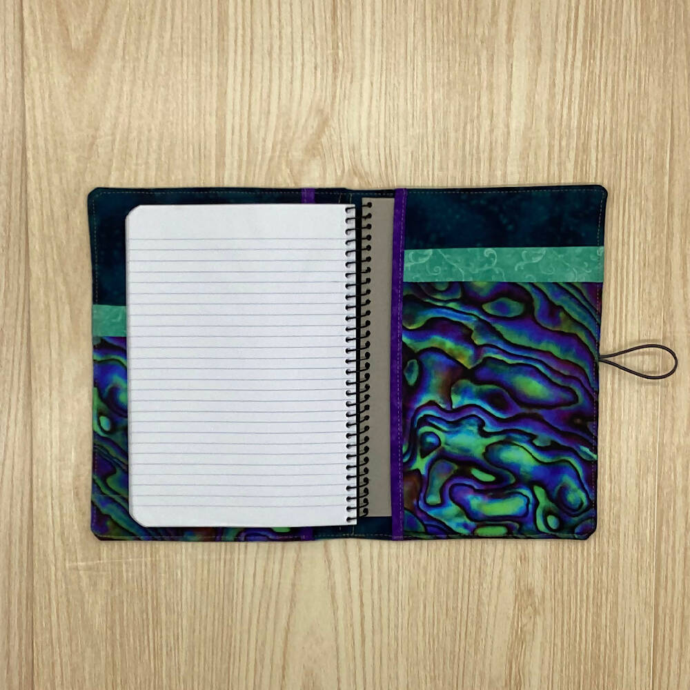 Paua Shell refillable A5 fabric notebook cover gift set - Incl. book and pen.