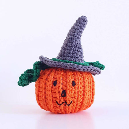 Crochet pumpkin in witches hat decoration