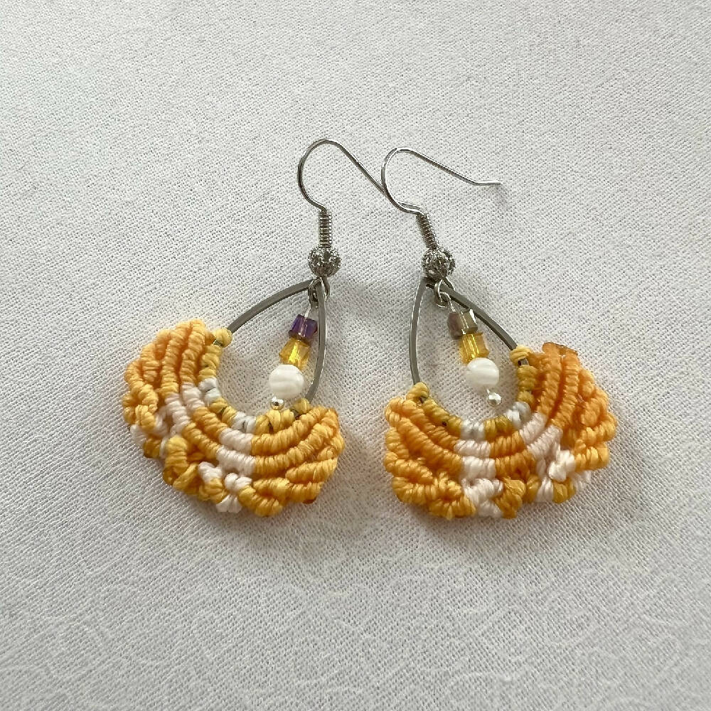 Yellow & White Micro Macrame Earrings, Silver Plated hooks + Free microfiber pouch