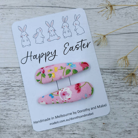 Handmade fabric hair clips, Easter hair clips, set of two, snap clips, pink.