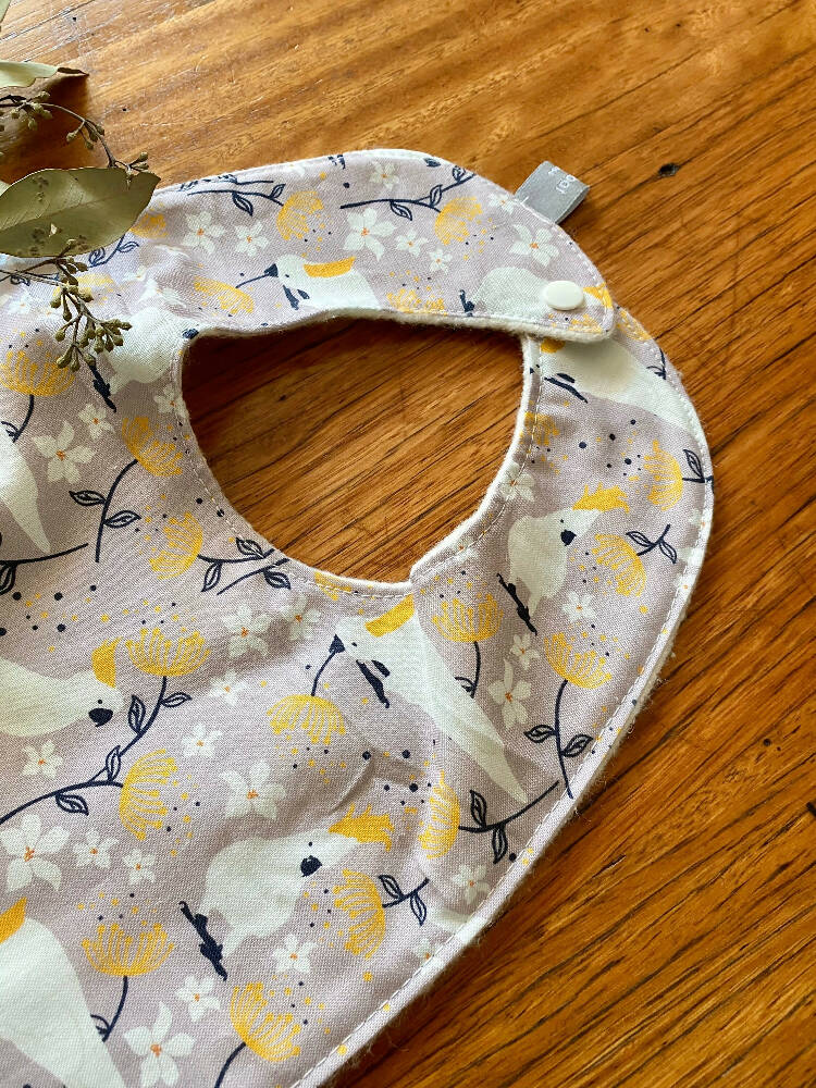 bib - grey cockatoo / eco friendly / organic cotton hemp / baby toddler