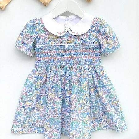 Floral Smocked Libby Dress with Hand Embroidered Collar