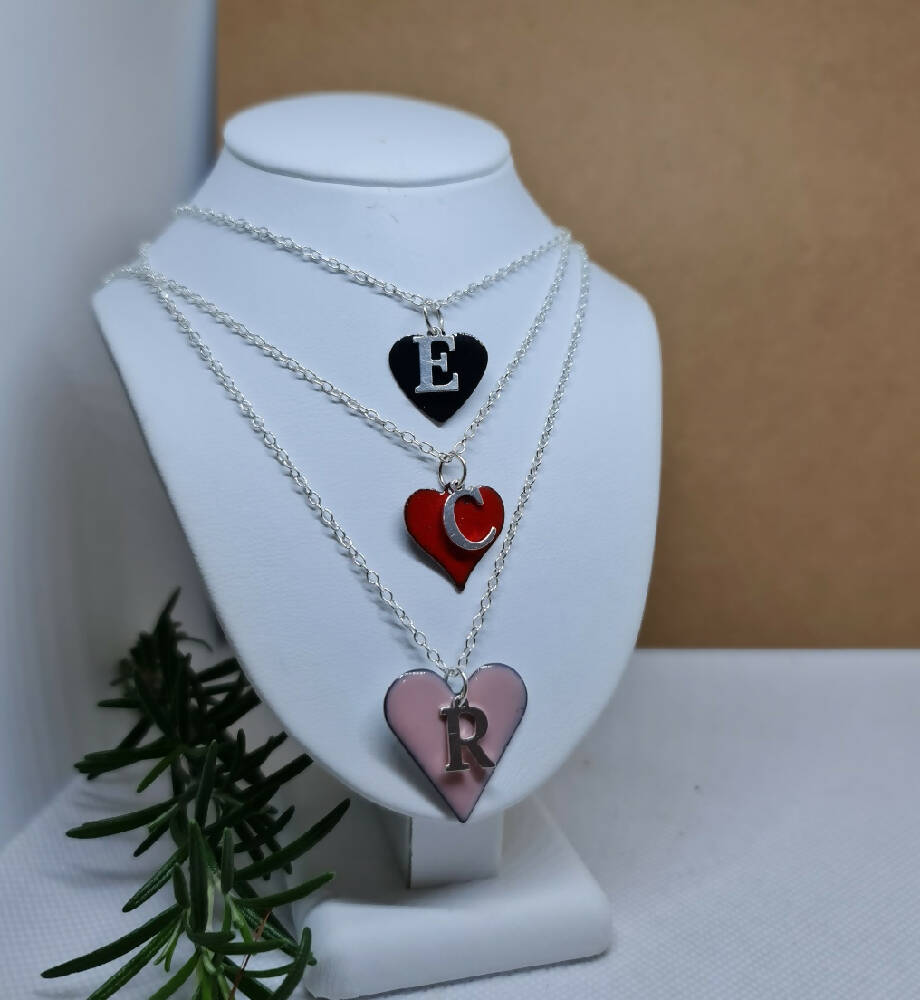 PERSONALISED LETTER DROP - HEART VITREOUS ENAMEL AND SILVER ALPHABET PENDANT