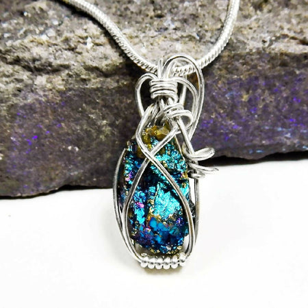Small Chalcopyrite pendant sterling wire wrapped Peacock Ore