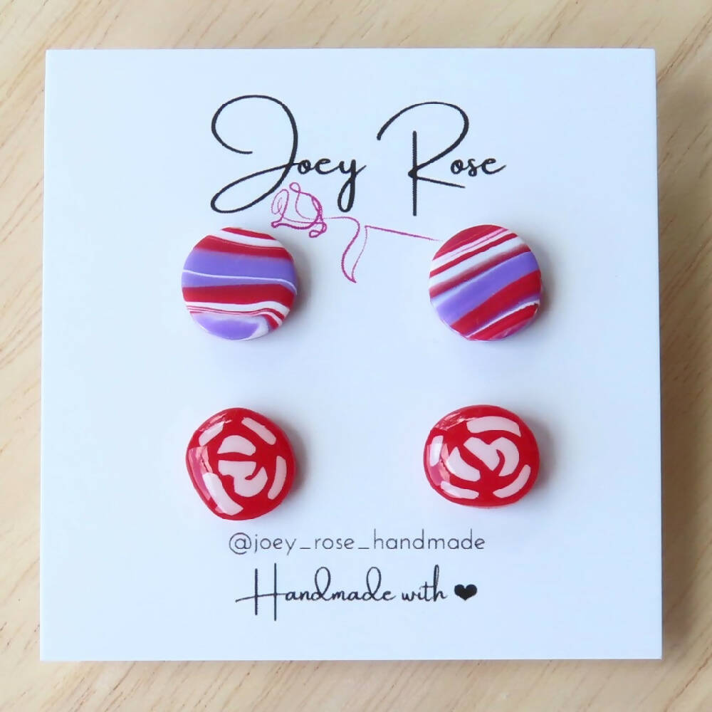 red-purple-stud-polymer-clay-earrings-resin-coated