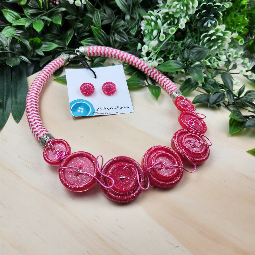 Button Necklace - Cord - Pink Sparkle - A2B -  (7)