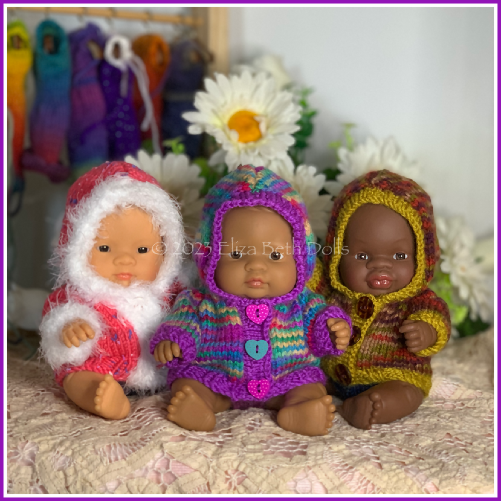 Miniland 21cm clothes, PDF digital pattern, Hoodie, Jacket, Hooded Coat, Boy, Girl, Unisex, Easy quick knit, Straight needles, Flat knit, Baby doll clothes, Cute outfit, Doll accessories, Minikane, 8inch, Clear instructions, Photos, 8ply DK yarn, Beginner friendly, Basic knitting, Simple pattern, 8, Eliza Beth Dolls, ElizaBethDolls, Australia