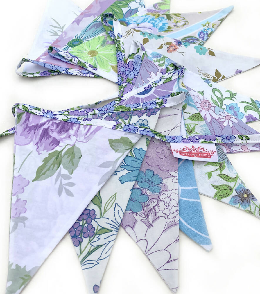 Bunting, Handmade Vintage Retro Floral 'Purple Lilac Blue Multi' Flags