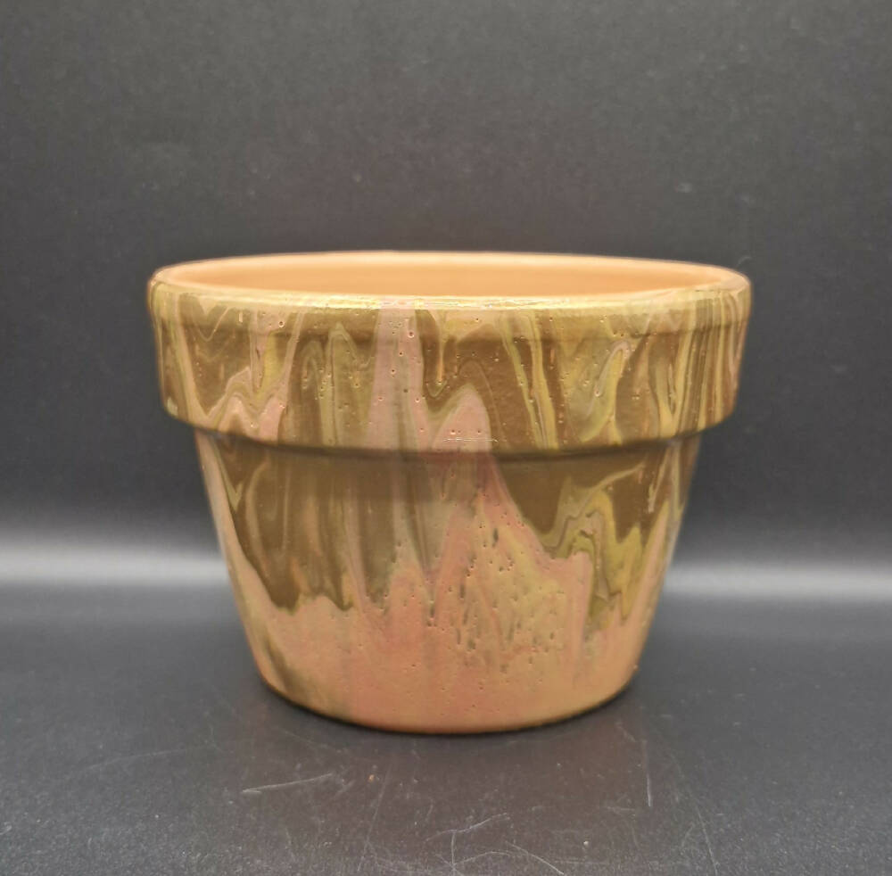 Hand Painted Terracotta Pot 11cm Peachy Golden Acrylic Pour