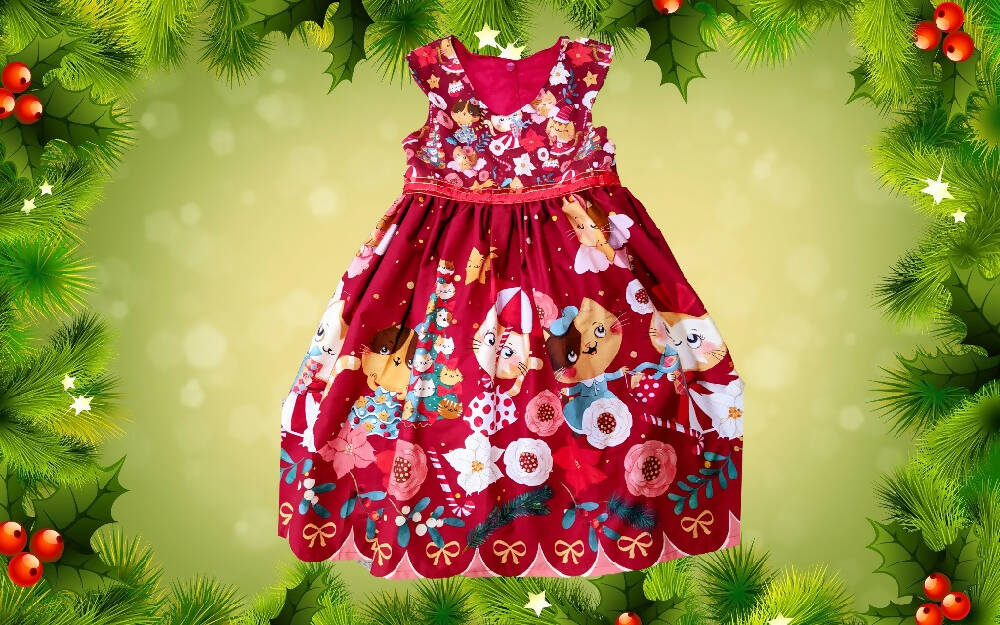 Christmas, Girls Border Dress, Cats, Size 6