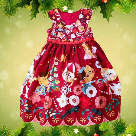 Xmas, Girls Border Dress, Cats, Size 6