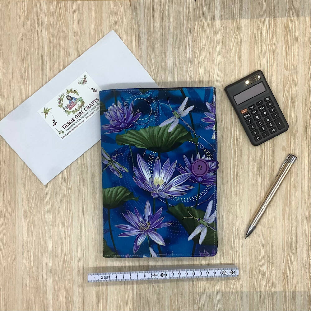Waterlilies refillable A5 fabric notebook cover gift set - Incl. book and pen.