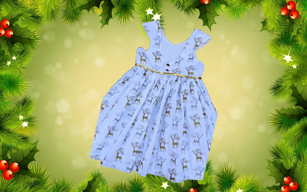 Xmas Dress, Metallic Reindeer, Sizes 8, 12.