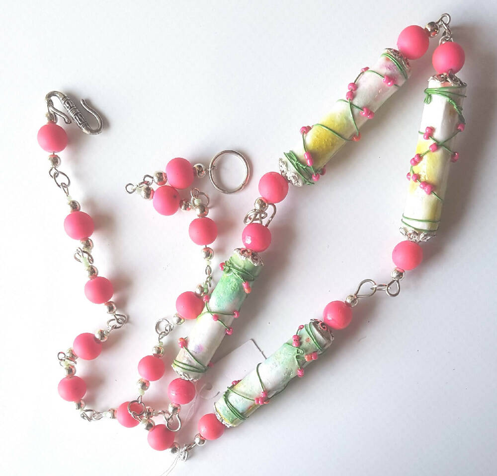 Beaded necklace. Paper bead wire wrapped paper beads.