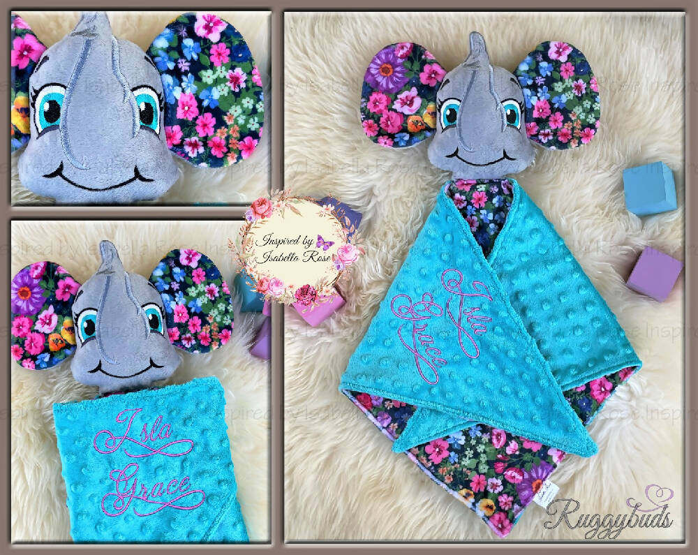 Baby comforter, Embroidered name, Elephant themed Ruggybud, Made to order