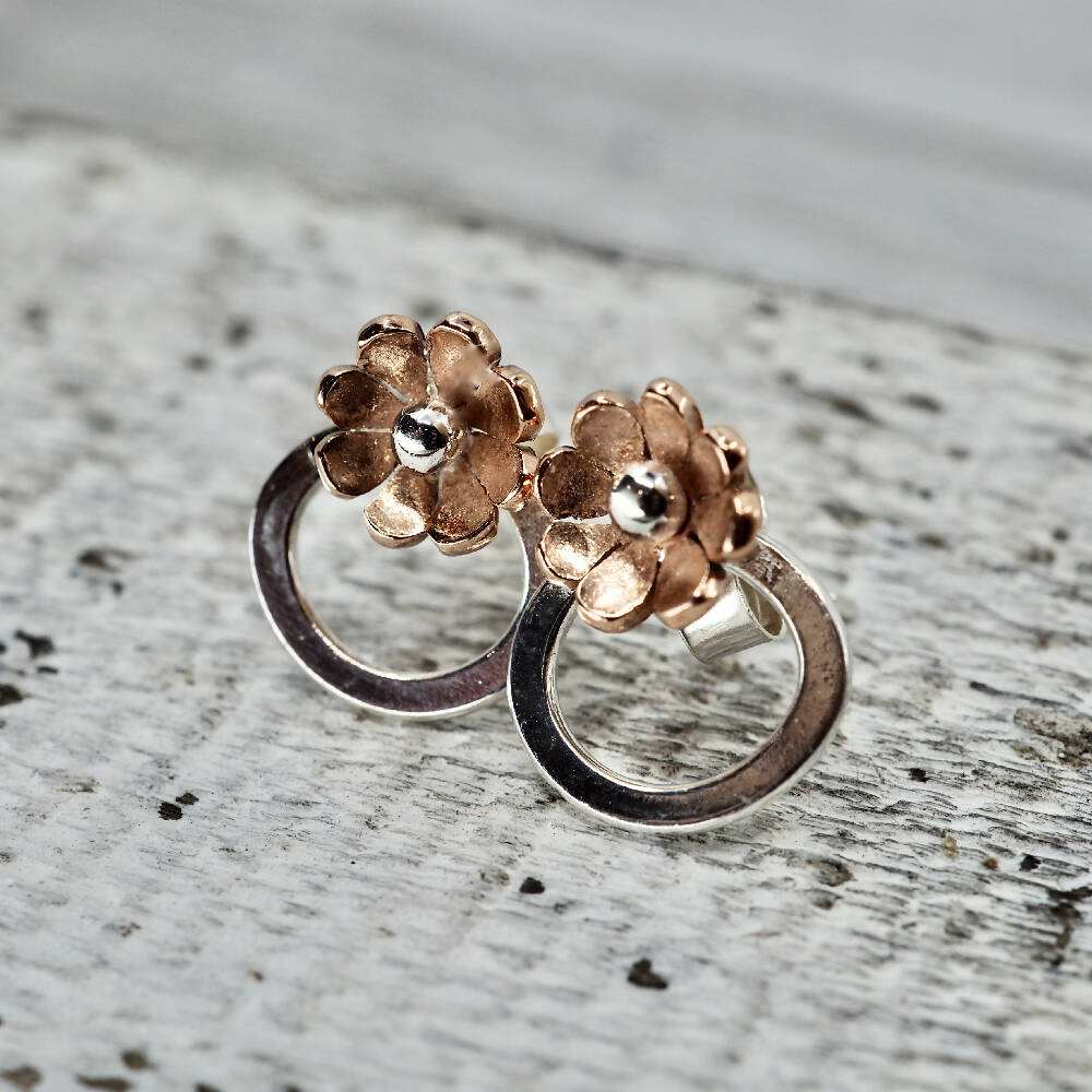 Copper daisy studs | Little copper flower studs | Daisy earrings | Silver and copper floral studs | Handmade Jewellery