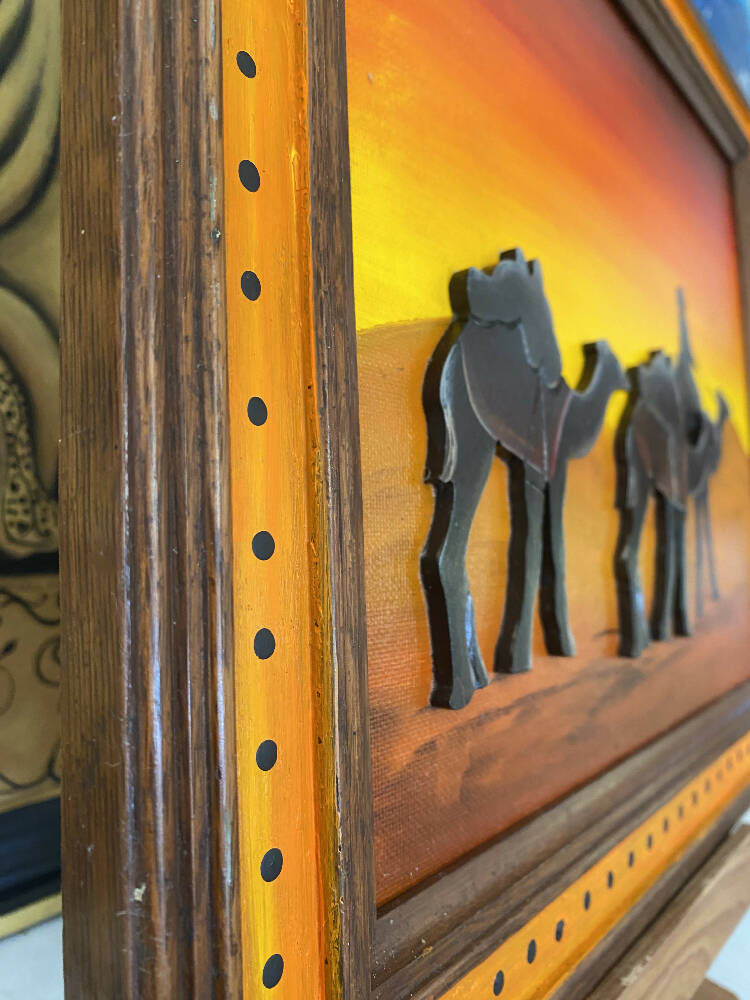 Art Mixed Media, 3D, Sunset camel train, original art, re-purposed frame, hand painted.