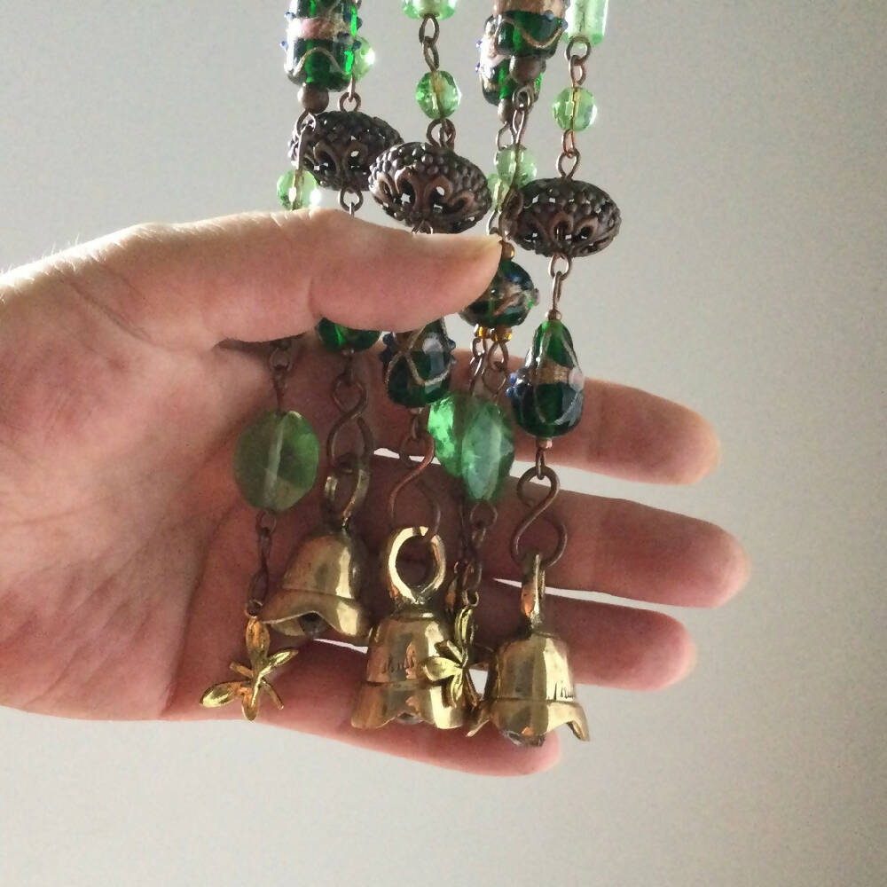 Windchimes Brass Bells, Dragonflies, Green Glass Beads Indoor/Outdoor Hanger
