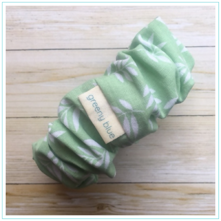 Beautiful Olive Green Scrunchie with Leaf Pattern - Wide Elastic - 100% Cotton