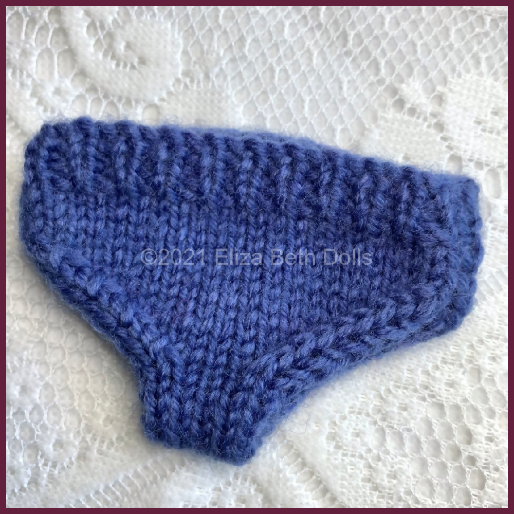 Miniland 21cm clothes, PDF digital pattern, Underpants, Knickers, Undies, Boy, Girl, Unisex, Easy quick knit, Straight needles, Flat knit, Baby doll clothes, Cute outfit, Doll accessories, Minikane, 8inch, Clear instructions, Photos, 8ply DK yarn, Beginner friendly, Basic knitting, Simple pattern, Eliza Beth Dolls, Australia, 3