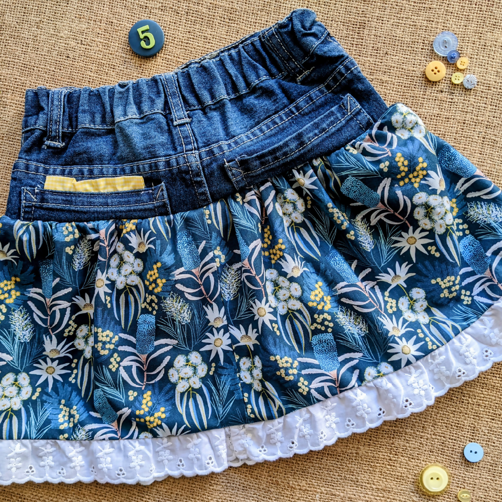 Upcycled Denim Size 4-5 skirt flannel flowers and Wattles