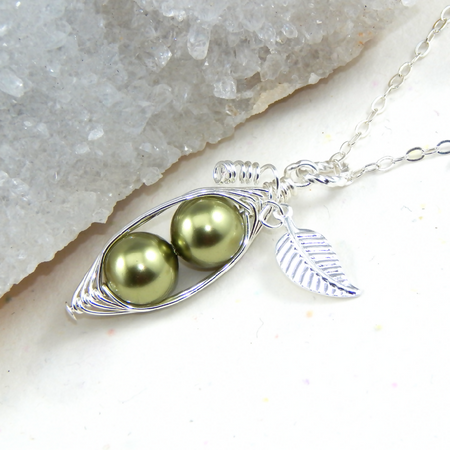Two Green Peas In A Pod Silver Necklace