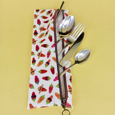 Reusable Cutlery Pouch - Chilli Peppers on Ivory