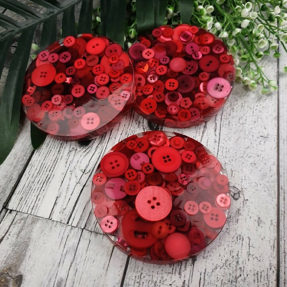 Coasters - RED - Button & Resin Mix - Drink Mug or Glass - Paperweight - SINGLE