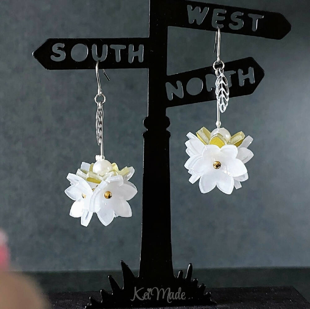 Flower Bauble Dangle Earrings (surgical stainless hooks) - white