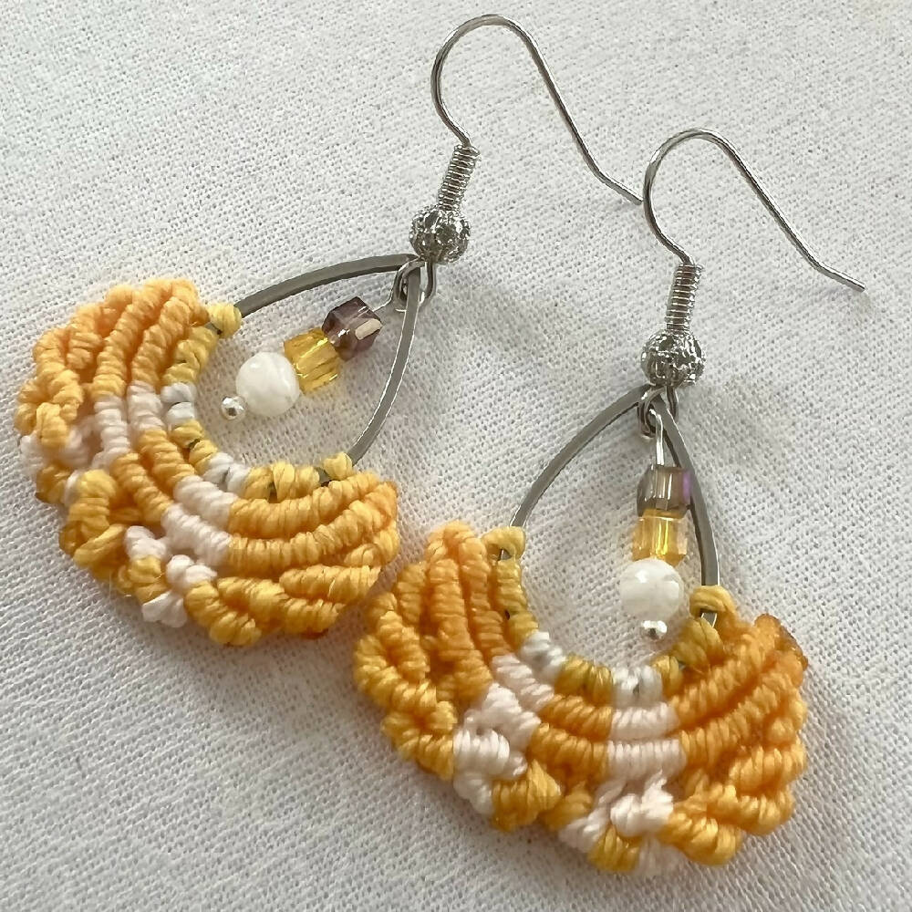 Yellow & White Micro Macrame Earrings, Silver Plated hooks + Free microfiber pouch