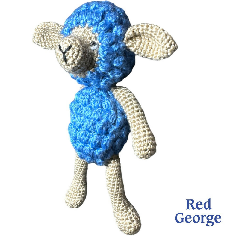 Red George of Kensington crochet toy lamb, sheep, blue