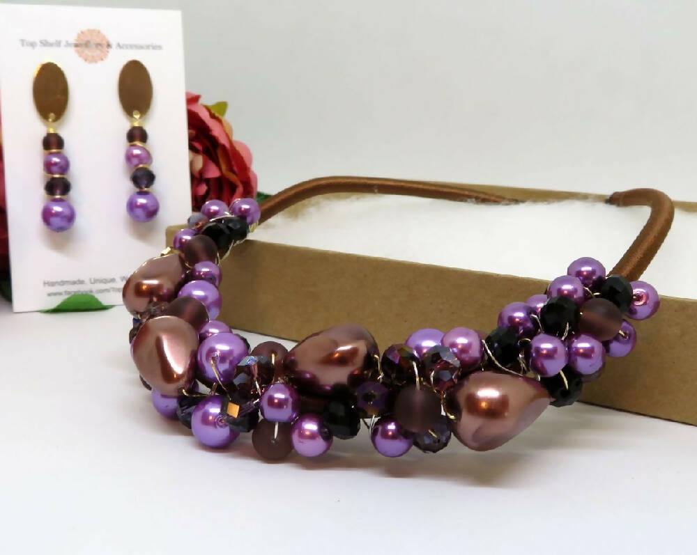 Purple Plumb Wire Wrapped Beaded Necklace Earrings Set