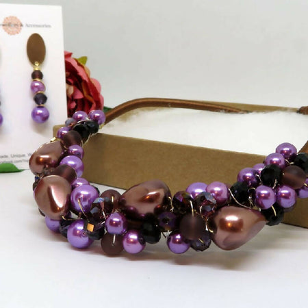 Purple Plumb Wire Wrapped Beaded Necklace Earrings Set